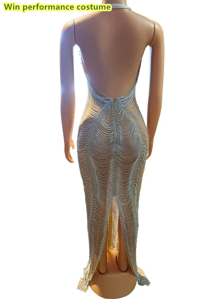 Bar Singer Stage Party Performance Clothing Luxury Heavy Industry Full Diamond Chain Hanging Neck Open Back Dress