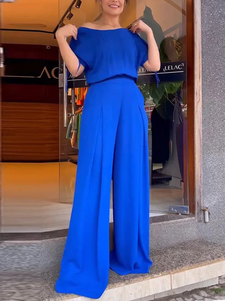 Drauuing Women Round Neck Top And Pants Set Female Office Chic Blue Trouser Two Piece Set Pocket Wide Leg Pants Outfits 2024 New