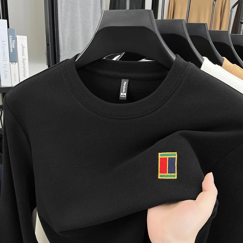 

men's luxury autumn high quality t-shirt round neck color blocking embroidery long sleeves leisure innerwear men's clothing tops