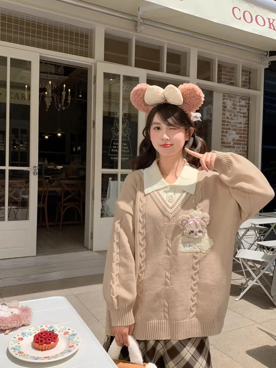 

Поддельный свитер из двух предметов с вышивкой медведя, 2025 г., вязаный топ в консервативном стиле, эстетичная женская мода большого размера