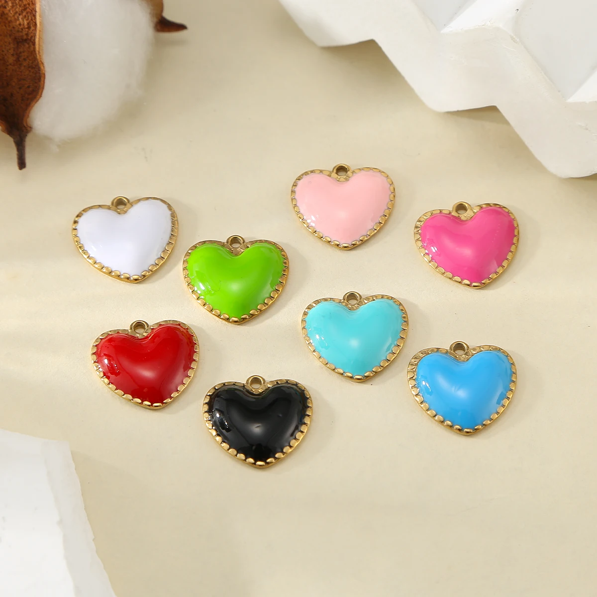 HIYEE10PcsSweet Solid Color Enamel Heart CharmsGold Scalloped Edge Pendant for Jewelry Making, Necklaces Bracelets 8 Bold Colors