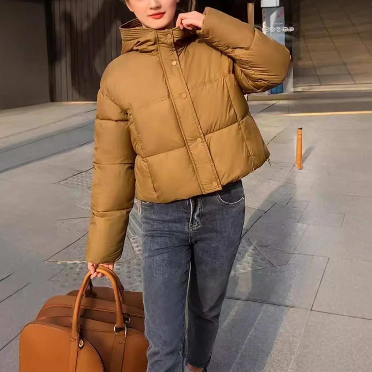 New Style Casual Hooded Top Jacket Korean Fashion Long Sleeve Cropped Top Cotton Coat Solid Color Winter Women's Down Jacket