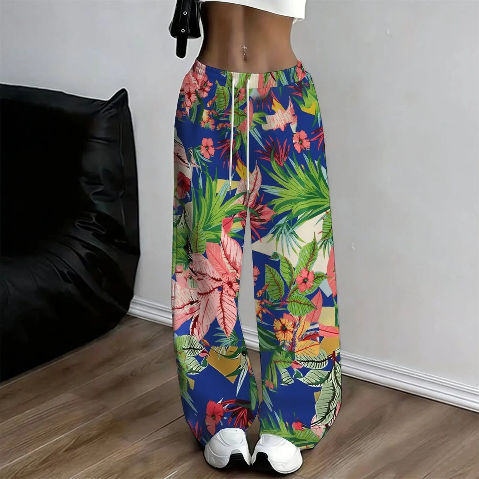 Women Multicolor Spiral Print Wide Leg Pants Elastic Waist Drawstring Loose Fit Summer Casual Beach Resort Long Trousers Stree