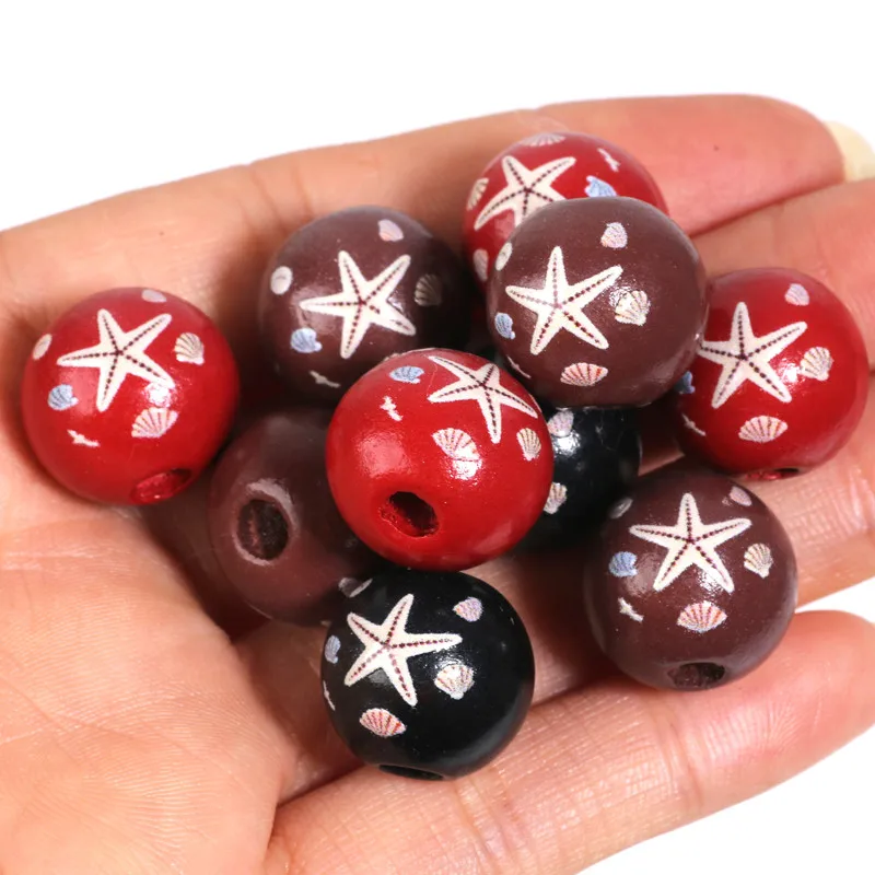 10 Stück 16 mm Holzperlen mit Seestern-Muschelmuster, dunkle Farbe, runde lose Abstandsperlen für die Schmuckherstellung, DIY-Armband-Zubehör