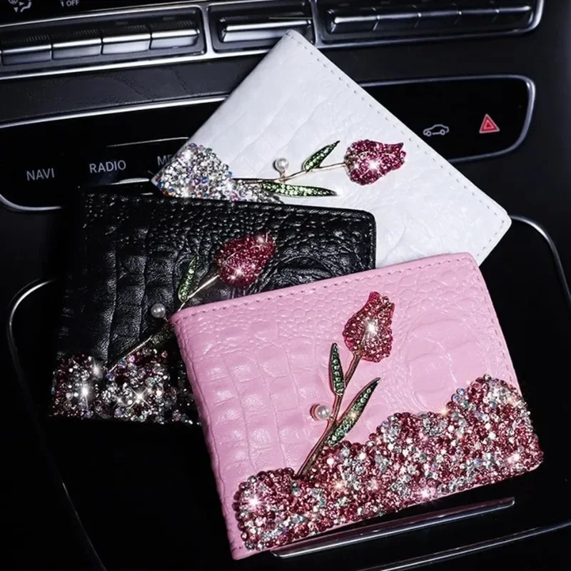 Diamond Crystal Rose Car Driver License Holder Bag Storage Organizer Credit Card Bank Card Bag Wallet Auto Accessories for Women