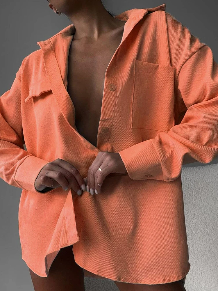 المرأة عادية التلبيب بأكمام طويلة بلون تي شيرت موضة جيب ركاب قمة الخريف الحد الأدنى سروال قصير قميص واحد الصدر #3