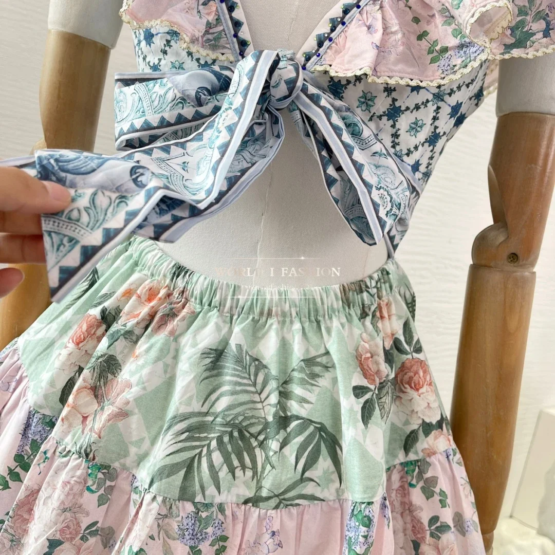 

Summer Women's Clothing Pink Blue Floral Print Sleeveless Ruffles Frilled Backless Mini Dress
