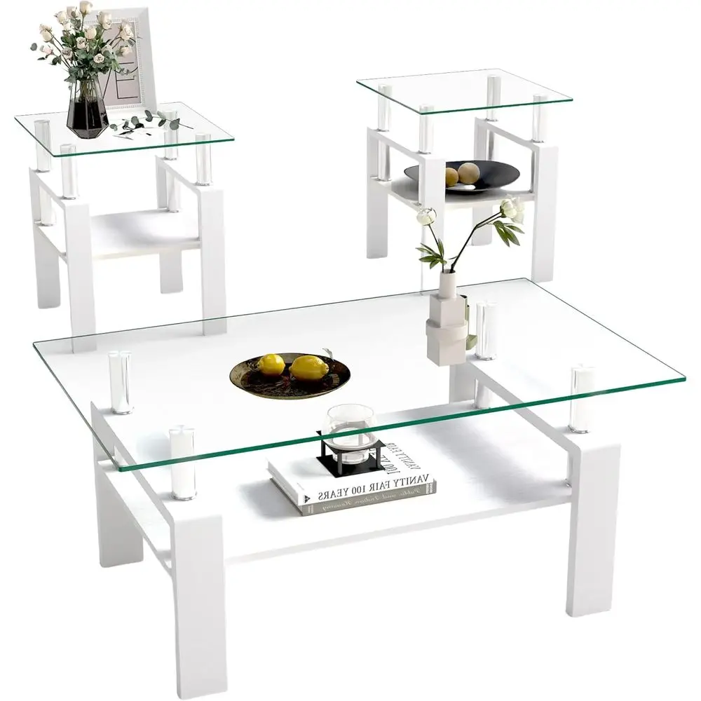 

3-Piece Tempered Glass Coffee Table Set with 2 End Tables, Modern Living Room Furniture (White)