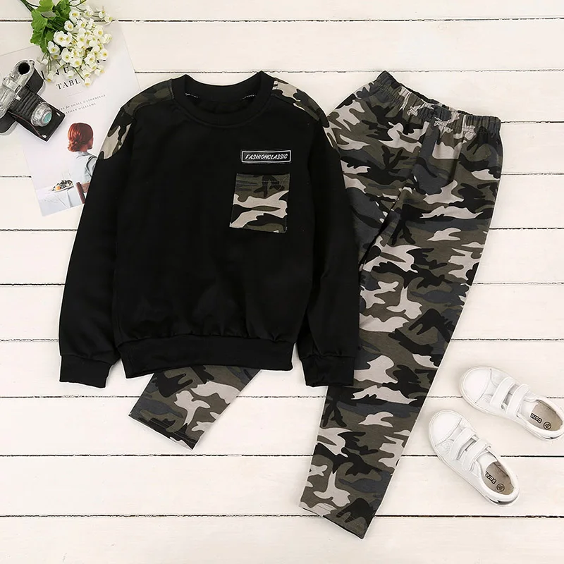 Autumn Kids Baby Boy Cotton Long Sleeve T-shirt Tops Trousers Outfits Set Camouflage Pattern Casual Clotjing Suit