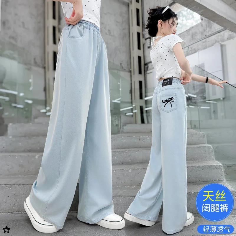 

Джинсовые брюки Tencel для девочек с вышивкой банта, повседневные летние брюки, прямые брюки для подростков, подходят для повседневного ношения