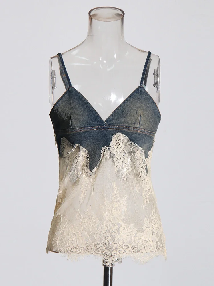 2025 Patchwork Kant Tweedelige Set Voor Vrouwen V-hals Mouwloze Tops Hoge Taille Losse Broek Afslanken Denim Sets Vrouwelijke Nieuwe