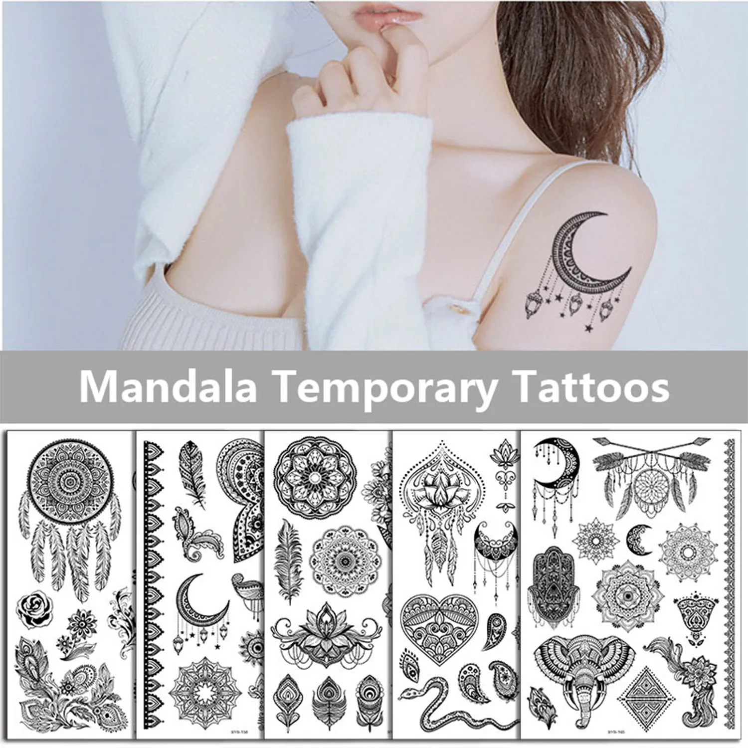 

5 Sheets Black Temporary Tattoos, Bohemia Lace Lotus Mandala Flower Temp Fake Sleeve Tattoos