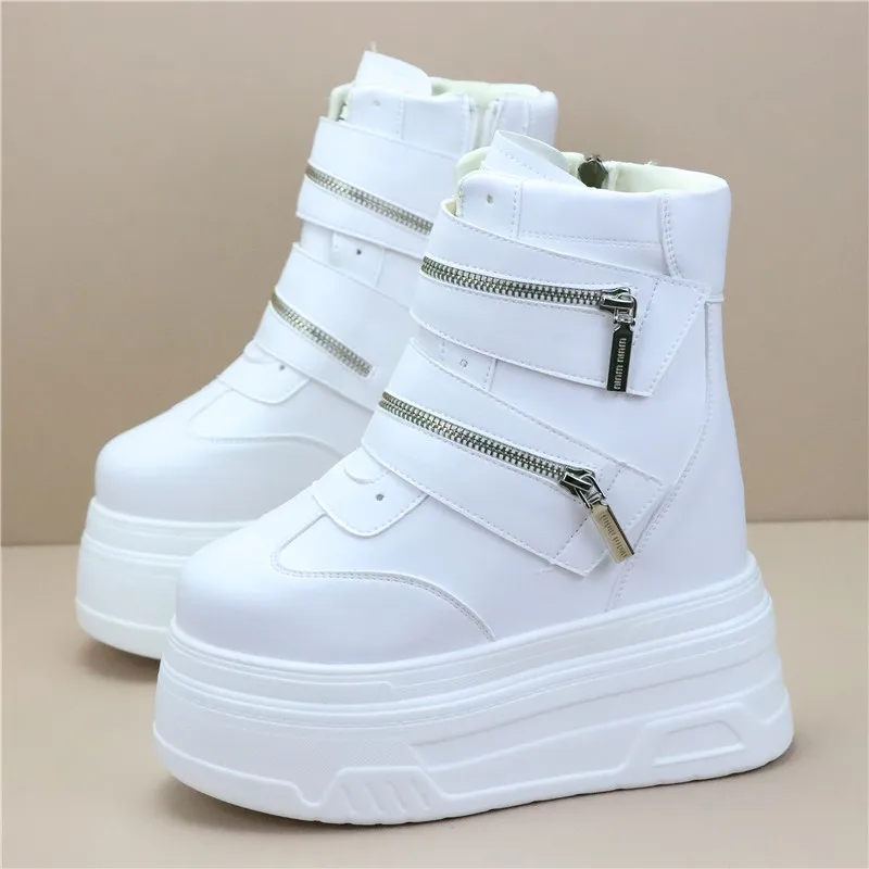 15cm Spring Autumn Women High Top Sneakers Breathable Thick Sole Chunky Sneakers Ankle Boots Platform Booties Wedge Boots White