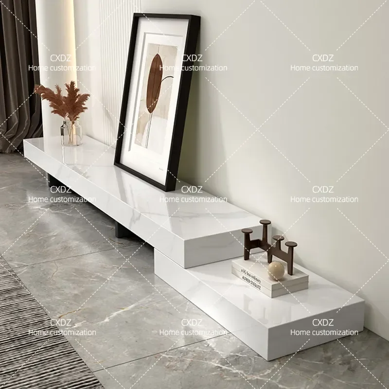 Minimalist Telescopic TV Cabinet Solid Wood Rock Slab Audio Visual Cabinet Coffee Table Floor Cabinet Combo for Small