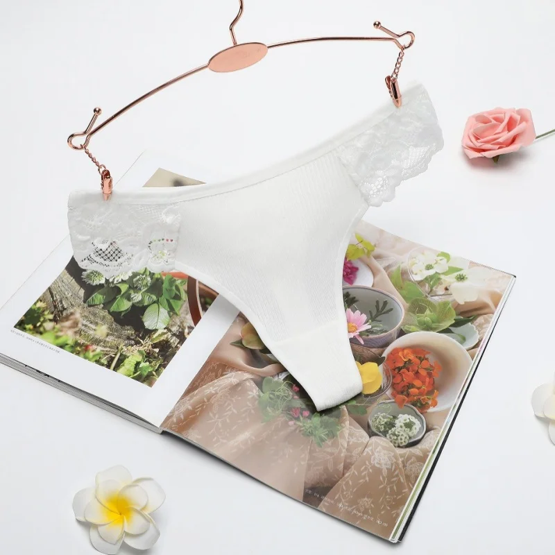 3ks/sada dámských bavlněných tang, dámských kalhotek, prodyšných, jednobarevných, tanga, krajkového lemování, pohodlného sexy spodního prádla - náhled 2