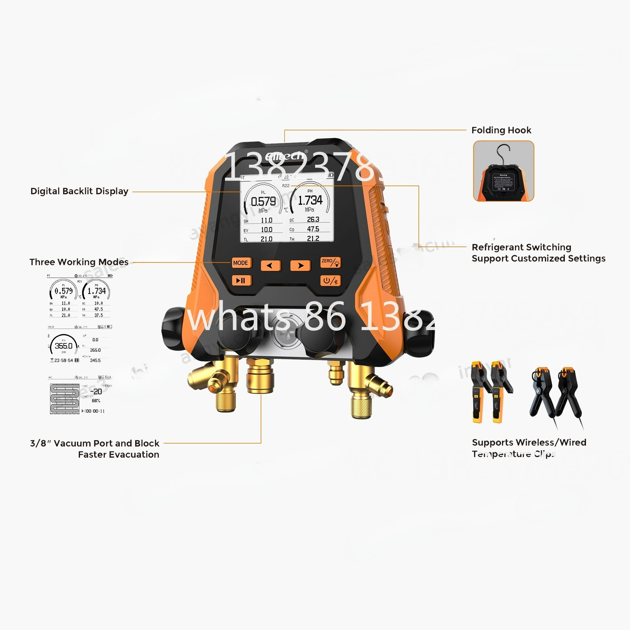 MS-810 Professional Digital Smart Valve Manifold Gauge Multifunction Refrigerant Pressure Measurement Wireless Tempe HVAC Tool