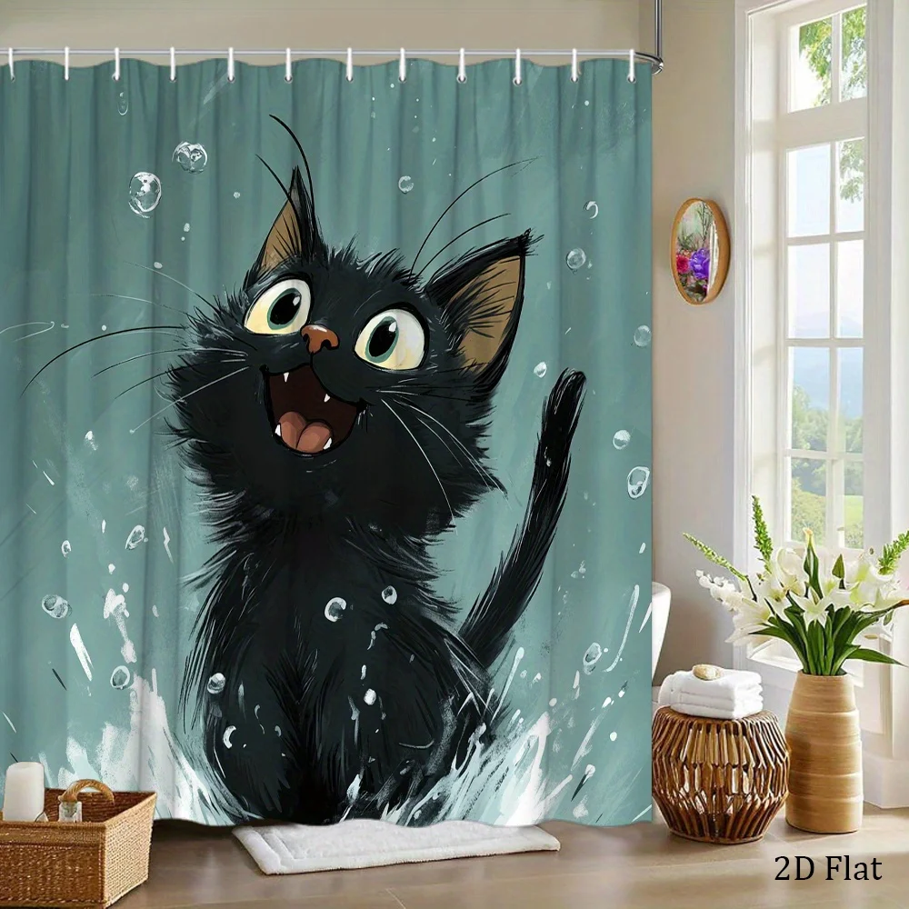 1pc Cat Water Shower Curtain Cartoon Black Cat Joyful Smile in Mid-Jump Water Droplets, Dynamic Playful Illustration, 70.8*70.8