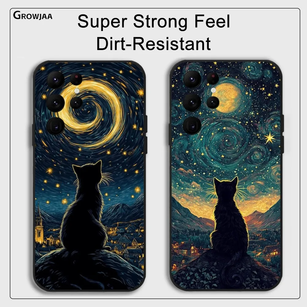 Kawaii Van Gogh Starry Sky Cat Phone Case For Samsung Galaxy S25 S24 S22 S23 Ultra S21 S20 Plus 5G Protective Silicone Funda