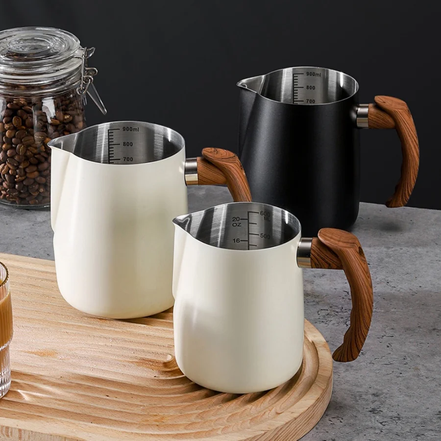 304 Stainless Steel Coffee Milk Frothing Pitcher Jug Precise Scale Wooden Handle Eagle Spout High Quality Cafe Coffee Utensils