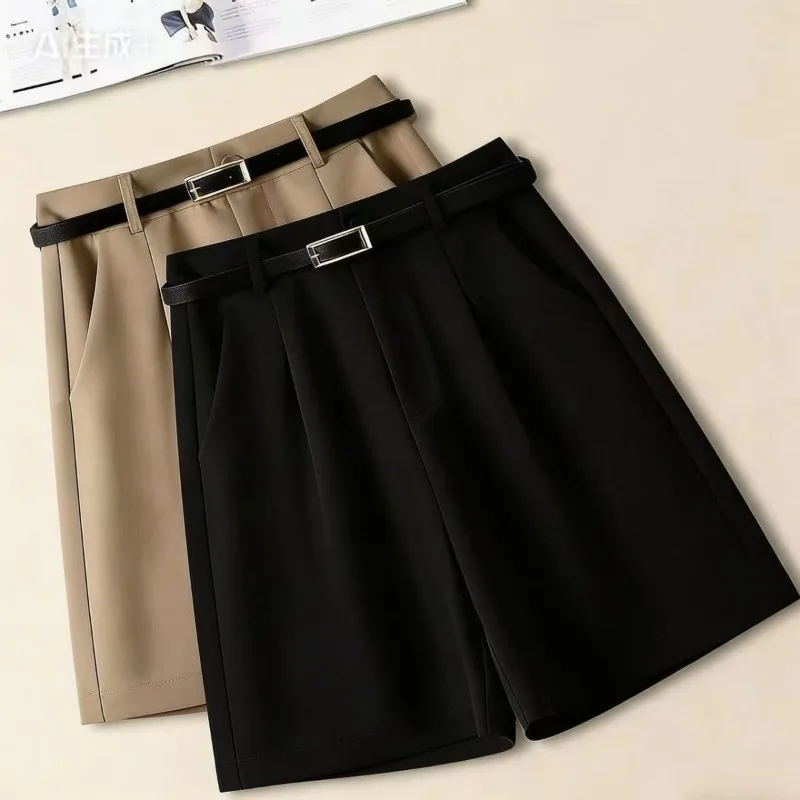 Women's Black High Waist Suit Shorts Summer Loose Straight Leg Casual Fashion Solid Color with Gift Belt Shorts for Women