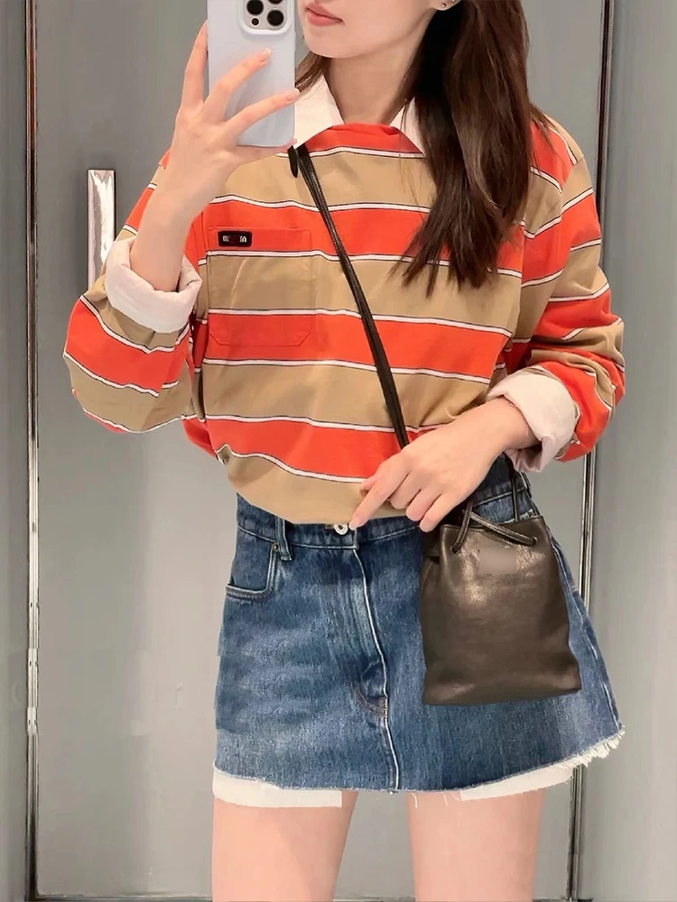 

Autumn Winter Loose Fit Women's Long Sve T-irt Orange Stripe Base Layer Top Casual Commute Sle Cotton Moisture ng