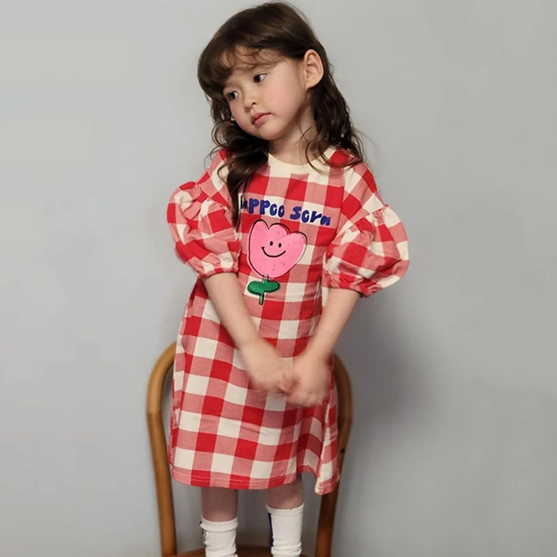 Summer 2-8Y Baby Girl Plaid Dress Children Fashion Cute Loose Love Flower Plaid Print Short Sleeve round Neck Dress