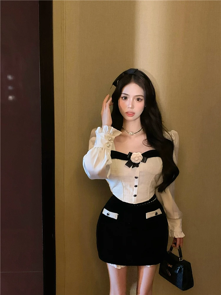 

Pure Desire Fragrance Style Set Waist-Cinching Short Fishbone Shirt Women's Spring Half Skirt Bodycon Short Skirt Two-pi...