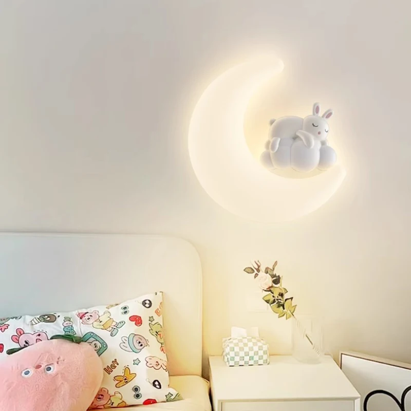 Cute Bear White Rabbit Light Children\'s Room Bedside Wall Lamps Blue Pink Moon Cloud Lamp Boy Girl Bedroom Bedside Wall Lights