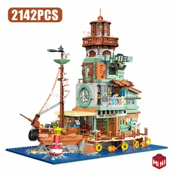 Creative Harbour Hotel Old Fishing House Ship Model Building Blocks Street View Lighthouse Houseboat With Light Mini Bricks Toys