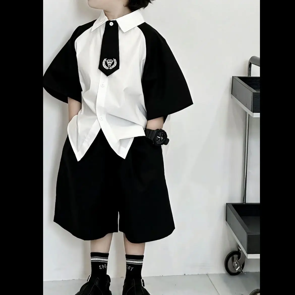 3 PCS Set Summer Boy Clothing Set Patchwork Shirt+ Black Shorts + Tie Kid Children Baby Toddler Gentleman Handsome Clothes 2-9 Y