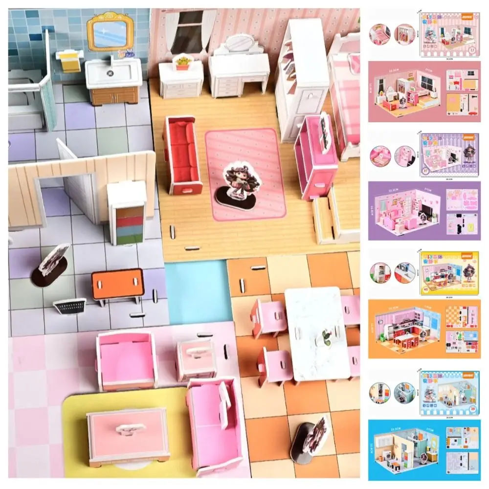 Kitchen DIY Puzzle Dollhouse Room Living Room Bathroom 3D Paper Puzzle Room Bedroom Handmade Pretend Play Paper Doll House