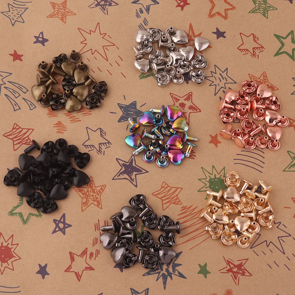 Rainbow Heart Shape Rivets - 10mm Metal Heart Rivet for Belt Clothes Purse Handbag Leather Craft DIY Handmade Accessories