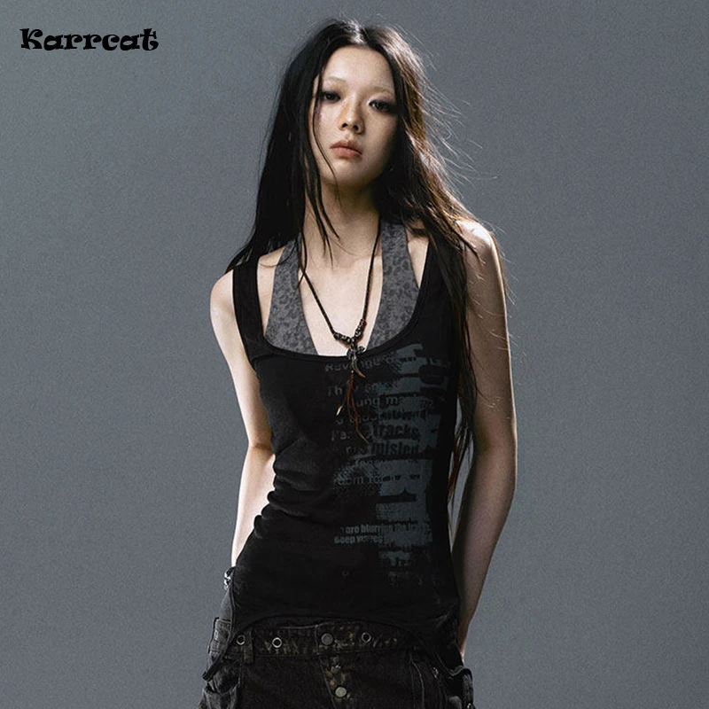 Karrcat Grunge Aesthetics Fake Zweiteiliges Tanktop Trashy Y2k Spitzen-Patchwork-Camis-Tops Vintage Gothic Schwarzes ärmelloses Top Punk