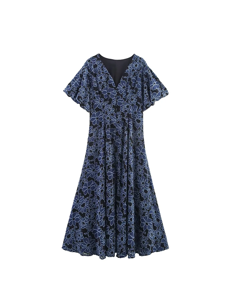 European and American style women's clothing new 2025 fashion temperament v-neck embroidered puff sleeve slim dress