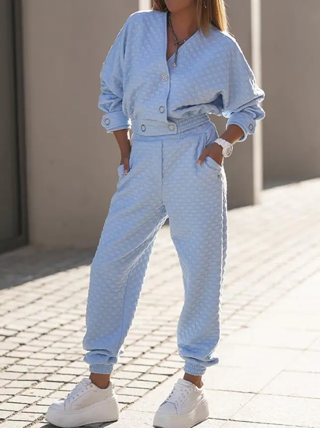 

Two Piece Set Women Outfit 2025 Spring New Waffles Textured V Neck Cardigan Sweatshirt & Casual Elastic Waist Cuffed Pants Set