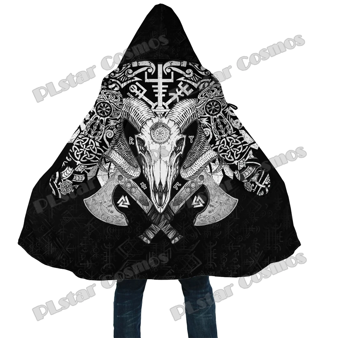 Ram Schedel Tattoo Met Vegvisir en Valknut 3D Gedrukt Heren Fleece Kapmantel Winter Unisex Casual Dikke Warme Mantel Jassen PF140