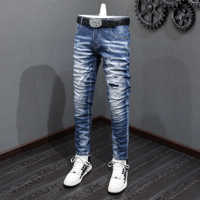Fashion Designer Men Jeans Retro Blue Elastic Stretch Slim Fit Ripped Jeans Men Streetwear Painted Vintage Denim Pants Hombre