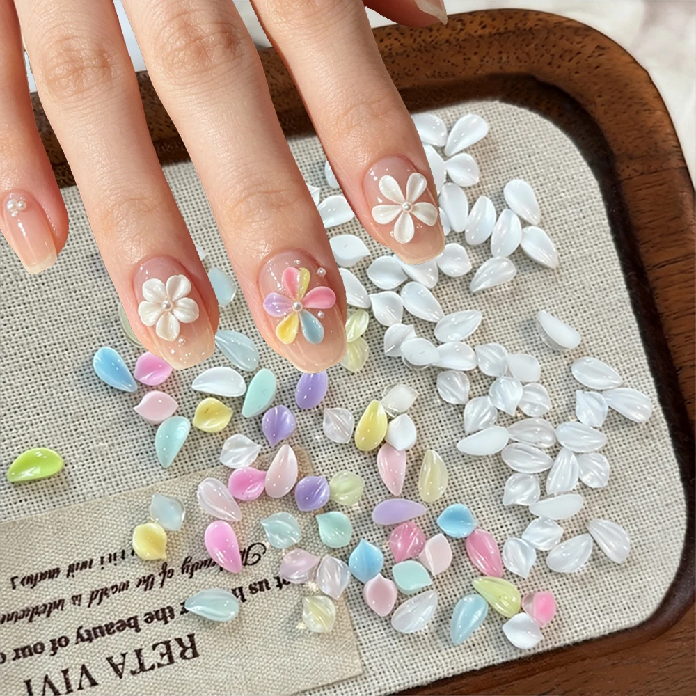 100pcs Ice Translucent 3D Petal Nail Art Charms Macaron Iridescent Round Petal Nail Decorations DIY Spliced Flower Nail Supplies