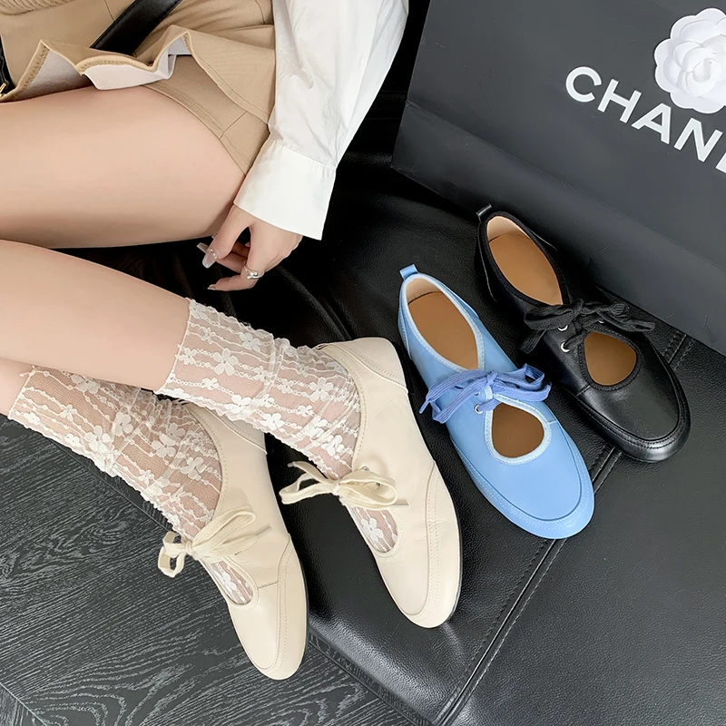 Women's Leather Ballerina Flats Lace-Up Round Toe Ballet Shoes First Layer Lamb Leather Upper Low Heel Cow Leather Insole Shoes #6