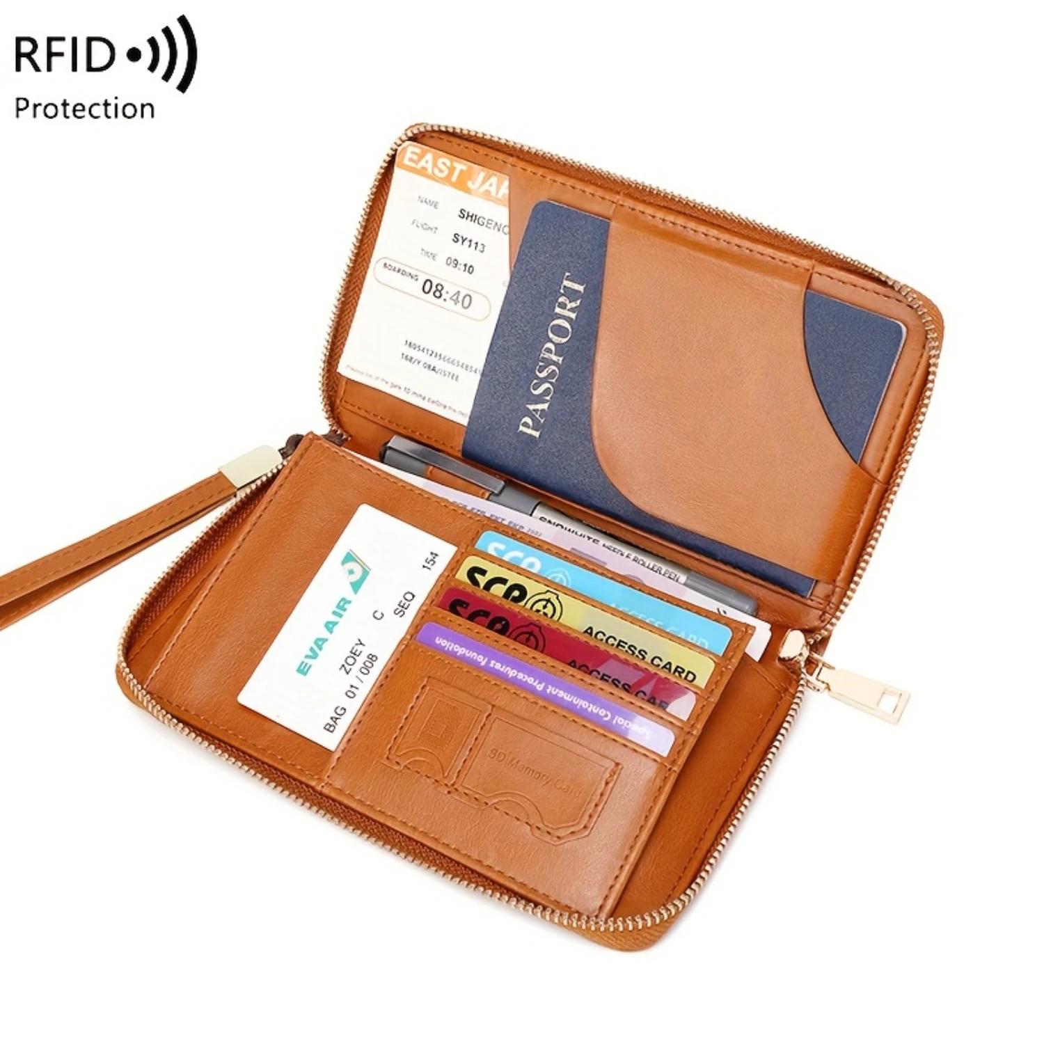 Porta-passaporte RFID com bolso com zíper e alça de pulso - carteira de viagem multifuncional de cor sólida