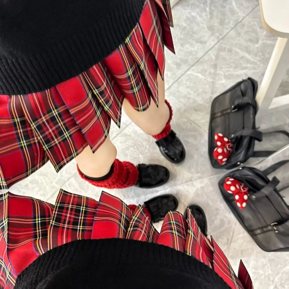 Pure Desire Style Small Pepper Grid Skirt Red  Cartoon Jk School Uniform Women's Fashion Set Polyester Short Sleeve V...