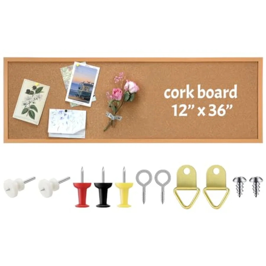 

12'' x 36'' Cork Bulletin Board Framed Large Wall Mounted Corkboard with Installation Kit Push Pins for Home and Office Decor S