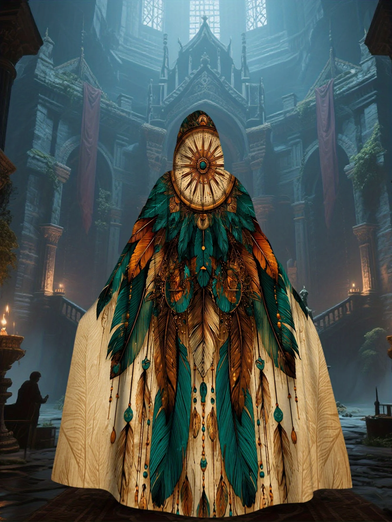 Customization 1pc 's Boho Feather Dreamcatcher Cloak Costume - Hooded Cape With Feather Print, 100% Polyester All-Season