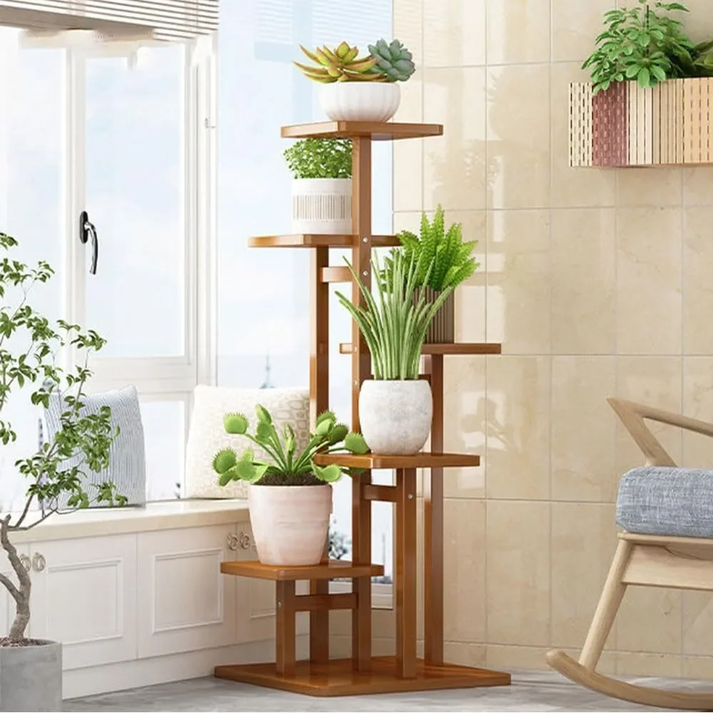 Round Square Plant Stand Indoor - 5 Tier Wood Flower Stand & Tiered Corner Tall Flowerpot Shelf