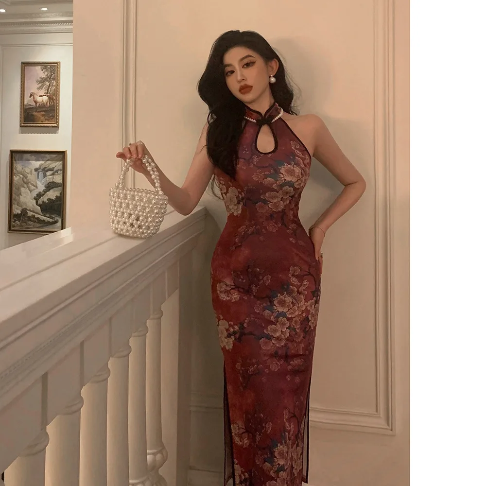 2024 New Women Wine Red Halter Cheongsam Dress Sleeveless Elegant Floral Chinese Style Retro Sheath Dress Qipao S To L S2498