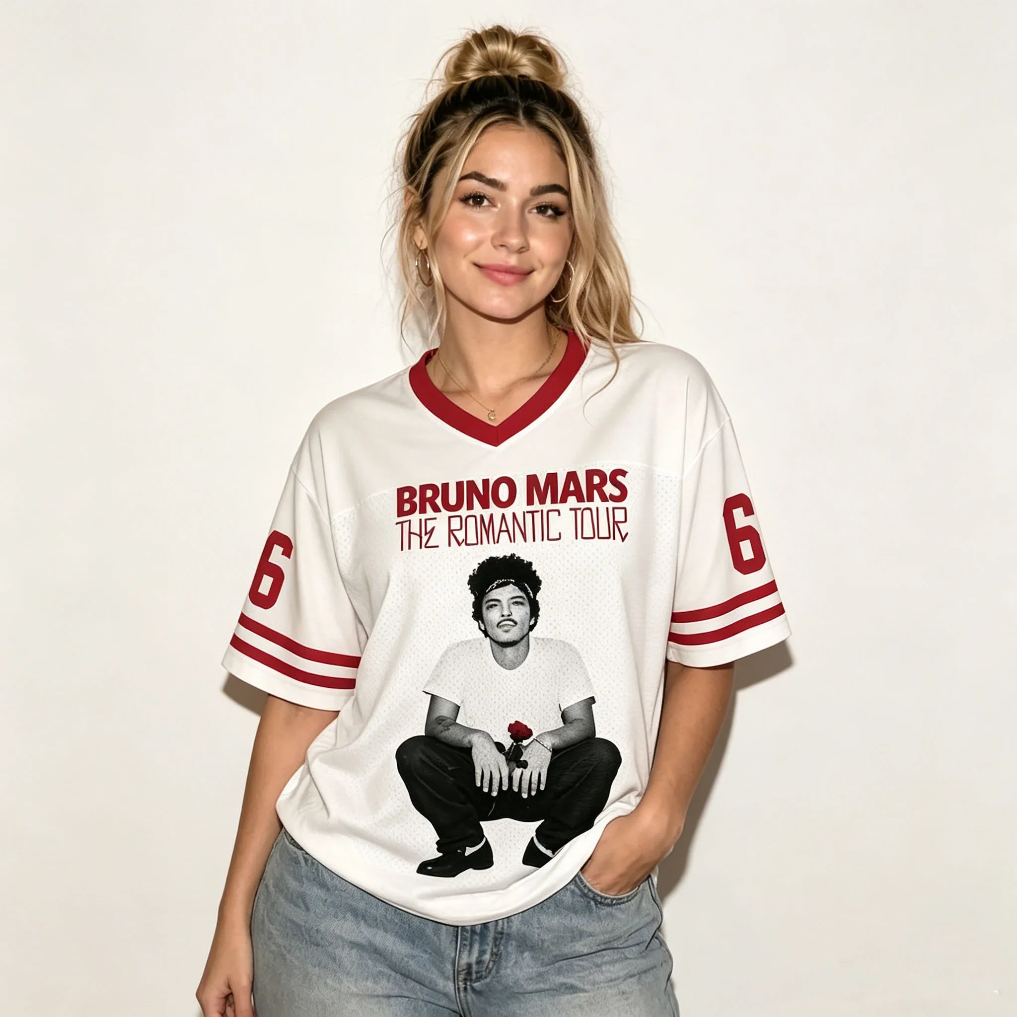 Bruno Mars The Romantic Tour 2026 V-Neck Jersey T-Shirt Retro Hip