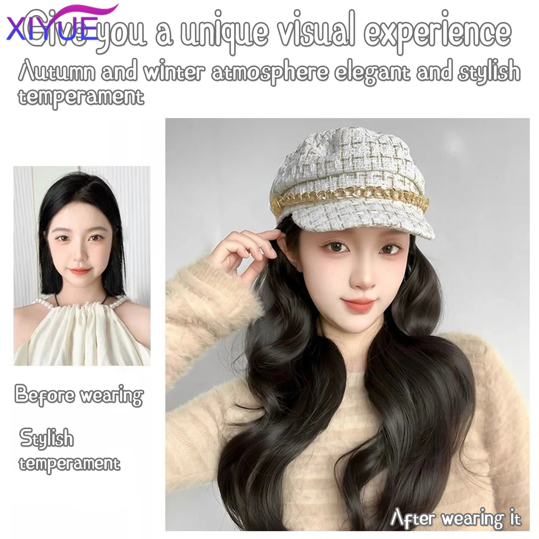 XIYUE Synthetic Long Kinky Curly One Piece Navy Hat Fashion Beret Hat Wig Adjustable Black Brown Hairpiece for Women