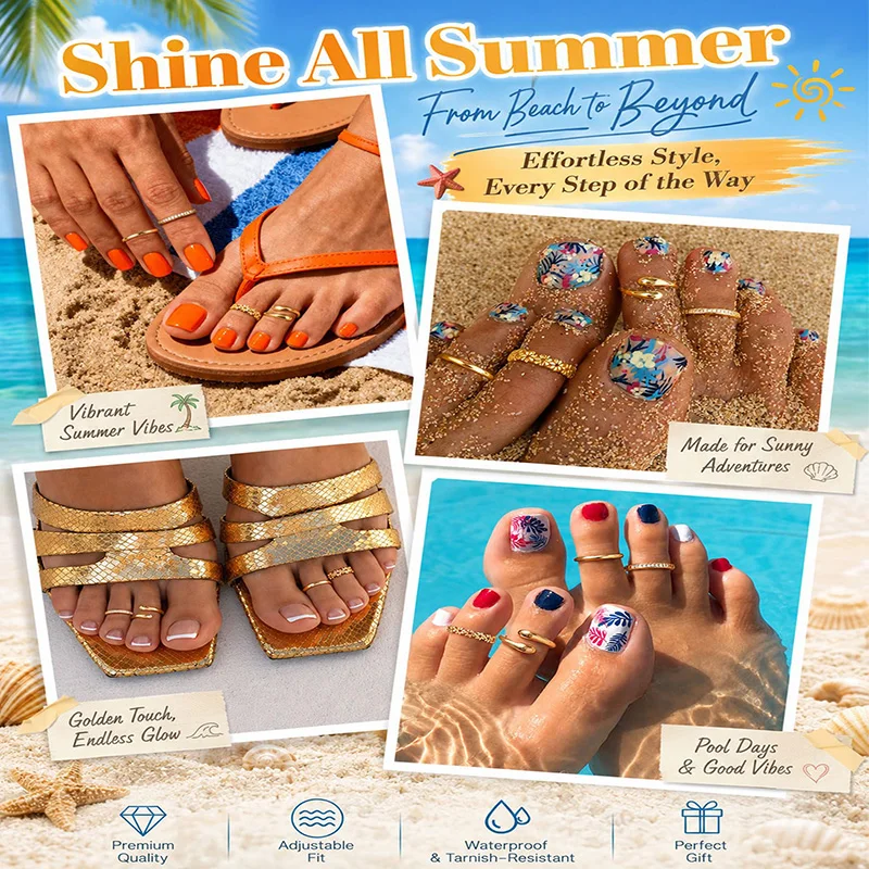 18K Gold Plated Filled Toe Rings Set, 4Pcs Adjustable