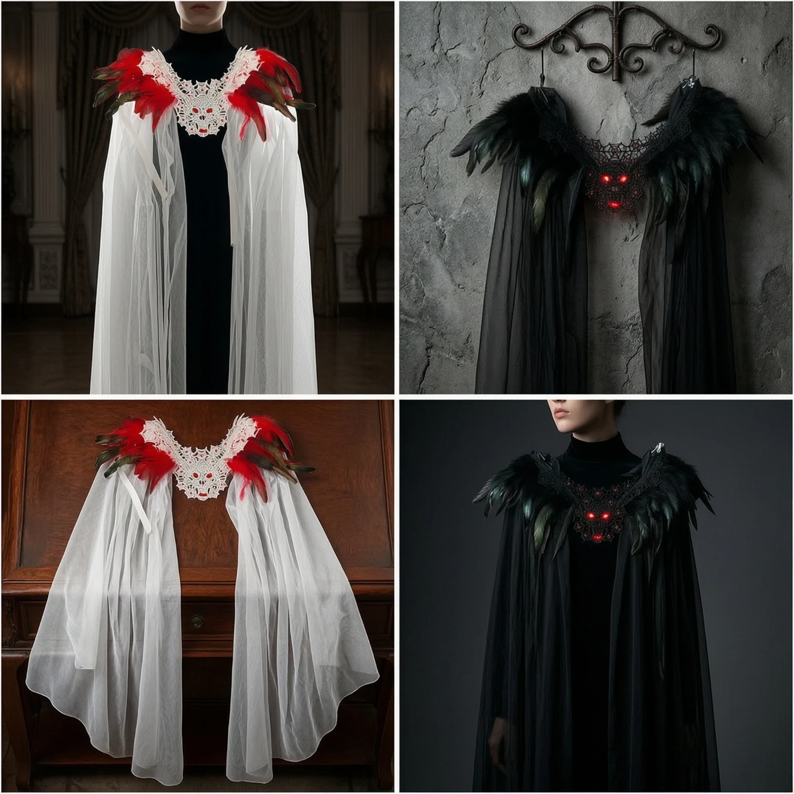 Shoulder Cape with Feathers Feathered Gothic Cape with Skull Capelet Flowing Accessory Layered for Cosplayers, Halloween