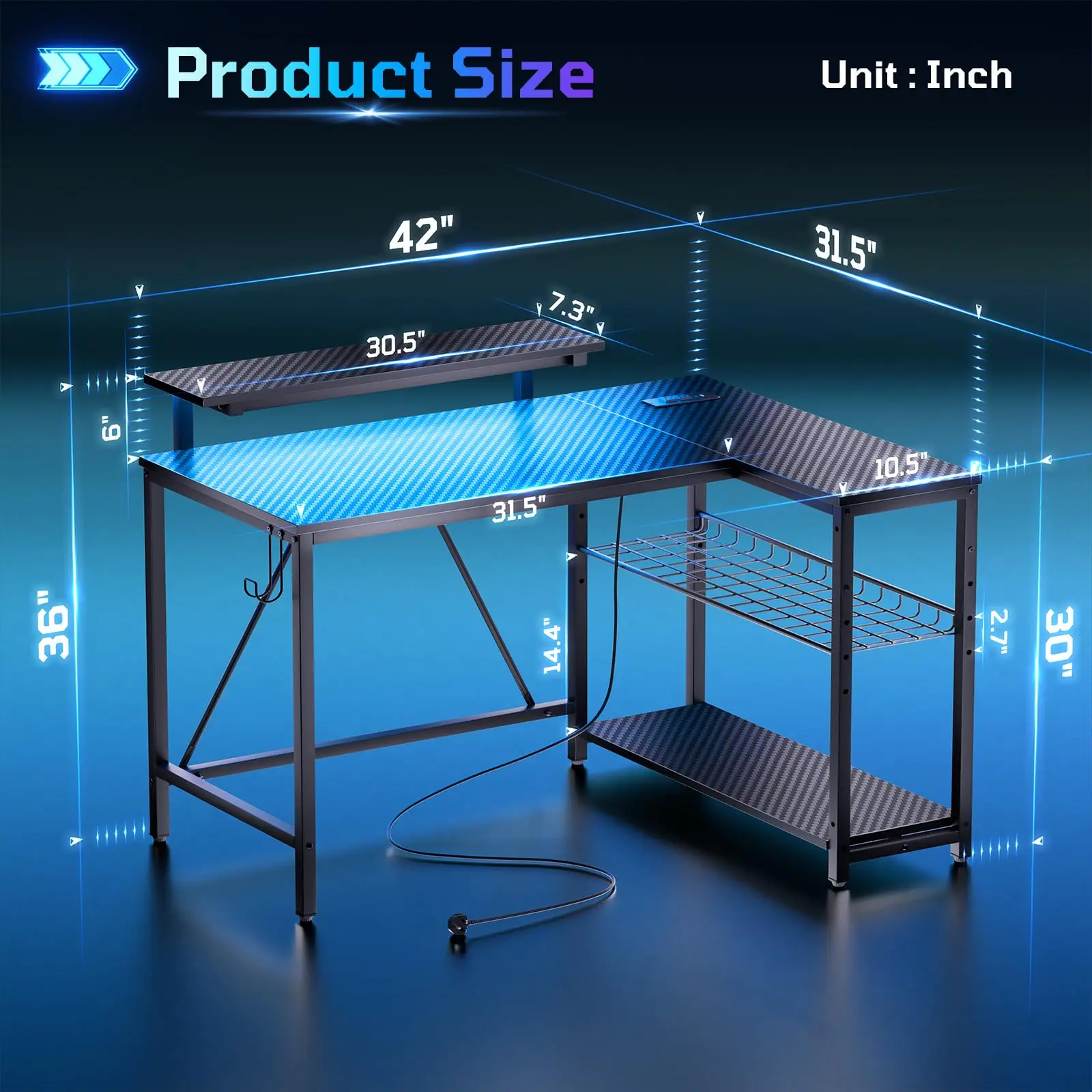 42-Inch L-Shaped Computer Desk with Charging & LED, Black